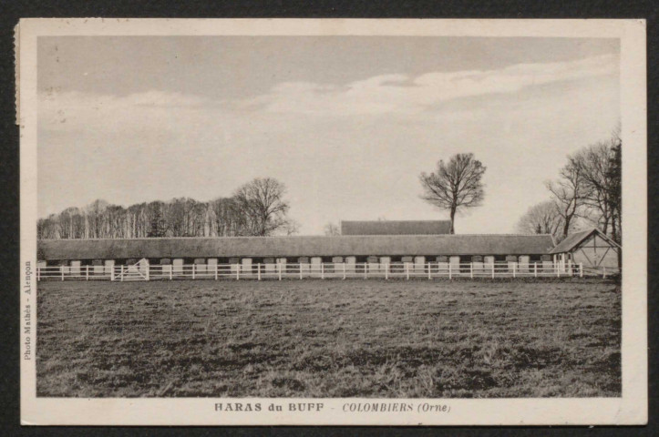 Colombiers (Orne), le dépôt des évacués au Haras du Buff, carte postale semi-moderne noir et blanc, photo Mathès, Alençon, (Date d'utilisation : 20 août 1937), (14x9), acquisition 2020, AMA.