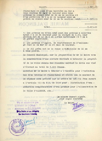 Adduction complémentaire d'eau potable pour la ville d'Alençon, aménagement d'une clôture du terrain communal et de la station de pompage (Gaston Gérard), chemin des Planches (8 - 14 septembre 1937) : devis, délibération.