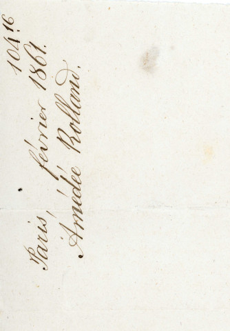 Lettre autographe signée de l'écrivain Amédée de Rolland à l'acteur Adolphe Laferrière [février 1861] .