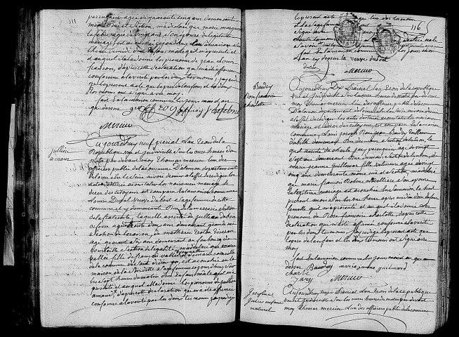 Acte de naissance de GEOFFROY Jean Louis François (27 mai 1795),acte de naissance de VALLEE Julien Armand enfant naturel (28 mai 1795),acte de naissance de BAUDRY Rose Françoise Charlotte (27 mai 1795),acte de naissance de GIBOURY Joséphine Julie enfant naturel (1er juin 1795).