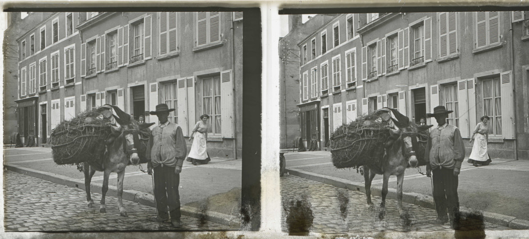 Alençon (Orne), Rue de Bretagne, transport du petit bois, personnage tenant un âne chargé [vers 1910], DR, AMA.