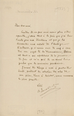 Lettre autographe signée de l'écrivain Alfred Edouard Touroude à l'acteur Adolphe Laferrière [1873].
