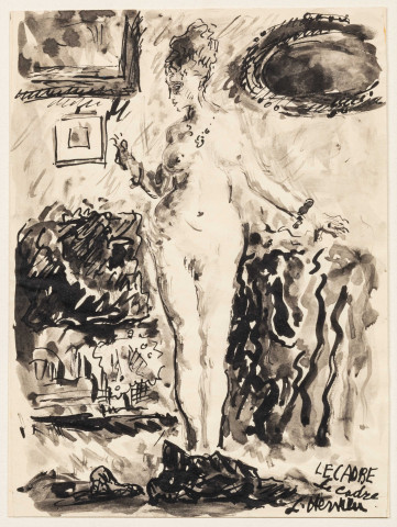 Le cadre, Encre et lavis d'encre, Louise Jeanne Aimée Hervieu, (19cm x 14cm), signé et titré en bas à droite, collection Bismuth-Etcheverry, acquisition 2024, AMA.