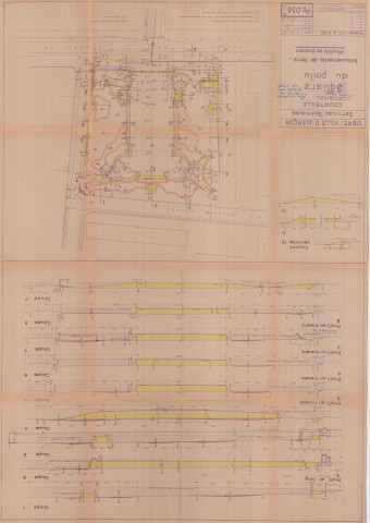 Square du Poilu, mouvements de terre, profils en travers (Services Techniques, 1/200, 1/100, 26 novembre 1955, modification : 18 février 1957, PC0.34) (82.5x119).