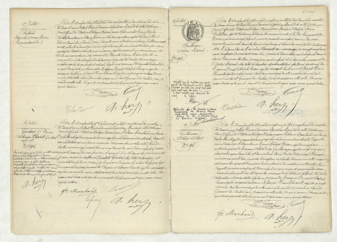 Reconnaissance de CHOTARD Blanche Anna Marie (17 juillet 1908),acte de naissance de GERIBERT O'BYRNE Catherine Elisabeth Géribert enfant naturel (18 juillet 1908),acte de naissance de BERTHIAU André Marcel (20 juillet 1908),acte de naissance de GUILLOINEAU André Albert (19 juillet 1908).
