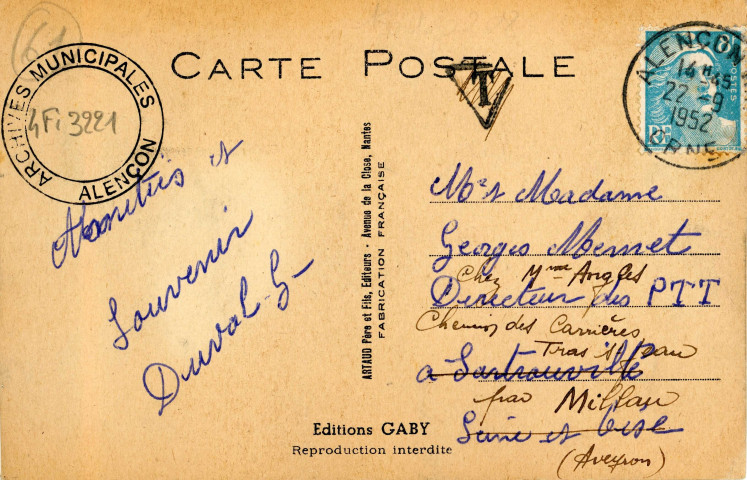 Alençon (Orne), "De mon joli moulin vous verrez Alençon", carte postale humoristique à système couleur n°6, Artaud père et fils, éditeur, Nantes, éditions Gaby, (Date d'utilisation : 22 septembre 1952), (14x9), AMA.