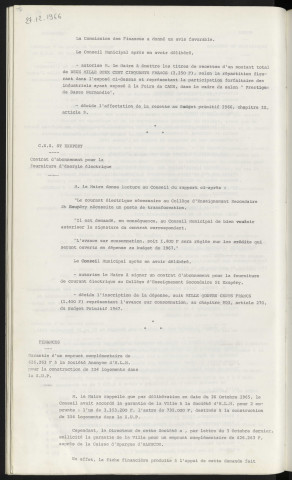 Exposition "Prestige de Basse Normandie", participation des industriels exposants à la réalisation du pavillon de la ville, recette divisé avec l'établissement CAUCE, rue d'Argentan Alençon, établissement PROUT frères 2 routes d'Ancinnes Alençon, établissement SONORCA 3 place général de Gaulle Alençon, LABANO 16 rue Odolant Desnos Alençon. C.E.S. St Exupéry, contrat d'abonnement pour la fourniture d'énergie électrique. Finances, garantie d'un emprunt complémentaire de 626 263 F à la société Anonyme d'H.L.M pour la construction de 104 logements dans la Z.U.P.