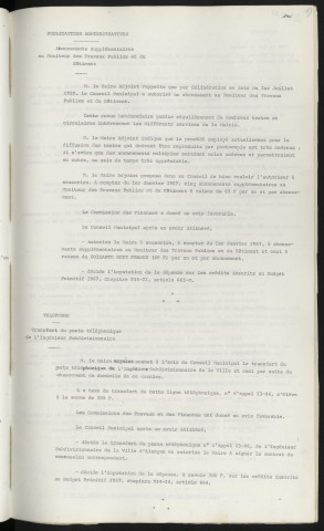 Publications administratives, abonnements supplémentaires au moniteur des travaux publics et du bâtiment. Téléphone, transfert du poste téléphonique de l'ingénieur subdivisionnaire.