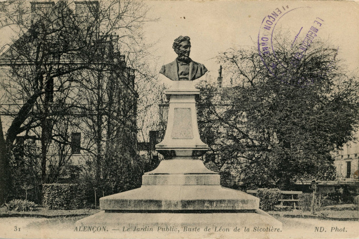 Alençon (Orne), Le jardin public, Buste de Léon de la Sicotière, carte postale n°31, ND Phot éditeur, (Date d'utilisation : 09 avril 1915), (14x9), AMA, don Daniel Bourandy.