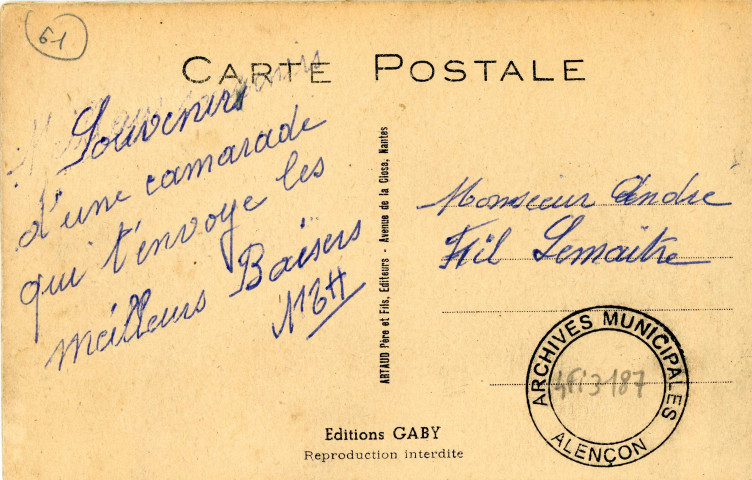 Alençon (Orne), "Lentement mais sûrement ! On va vers Alençon, carte postale humoristique à système couleur n°27, Artaud père et fils, éditeur, Nantes, éditions Gaby, sd, (14x9), AMA.