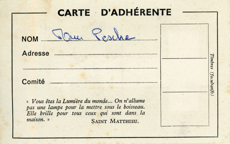 Carte d'adhérente à l'Action catholique générale féminine (1962), reçu pour le denier du culte de la paroisse Notre-Dame d'Alençon (1962).