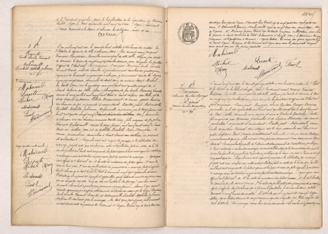 Transcription d'un acte de mariage du 30 janvier 1909 de DE GUÉROUST Gaston Marie et GAYET Benoite Françoise (01 octobre 1910), Acte de mariage de LECONTE Emile Charles Fernand et MAHÉRAULT Elisabeth Mathilde Julienne (08 octore 1910), Acte de mariage de BERCERON Almire Gustave George et DESNOS Jeanne Emilie (15 octobre 1910).