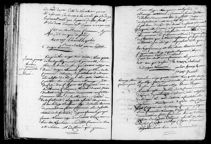 Acte de naissance de LANDAIS Marie Marguerite Adélaïde (11 mars 1796),acte de naissance de FEAUX Jeanne Renée (12 mars 1796). et FEAUX Françoise Marie (12 mars 1796),acte de naissance de LAUNAY Louis François Paul (12 mars 1796).