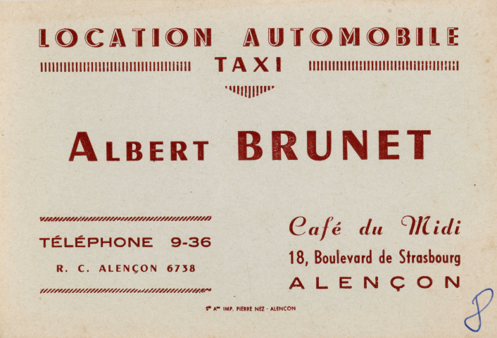 Location automobile Taxi, carte professionnelle d'Alenbert Brunet, Café du Midi 18 boulevard de Strasbourg Alençon, rc Alençon 6738