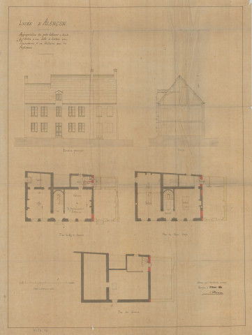 Lycée, appropriation du petit bâtiment à droite de l'entrée à une salle de lecture avec dépendances et un vestiaire pour les professeurs, élévation principale, coupe, plan rez-de-chaussée, plan du premier étage, plan des greniers (architecte Lheureux Gustave) (éch : 0.01), (3 mars 1881).