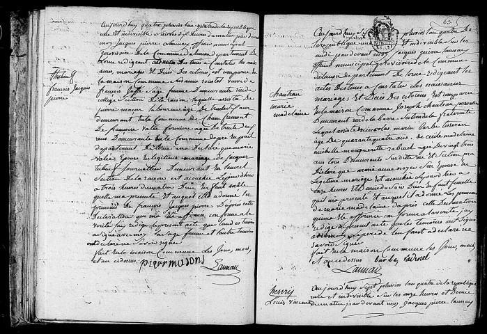 Acte de naissance de THUBEUF François Jacques Pierre (23 janvier 1796),acte de naissance de CHANTEAU Marie Madeleine (25 janvier 1796),acte de naissance de HENRY Louis Vincent (27 janvier 1796).