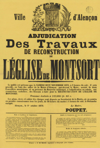 Adjudication des travaux de reconstruction de l'Église Saint Pierre de Montsort, affiche (1er octobre 1879)(43 x 62 cm), Imprimerie Eugène de Broise.