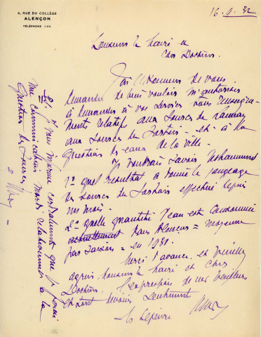 Adduction complémentaire d'eau potable pour la ville d'Alençon, étude pour l'utilisation de la source du Sortoir (1931-1935) : correspondance, jaugeage, état de la consommation