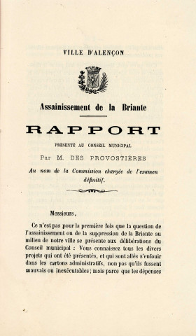 Assainissement de la Briante et projet de pavage de la Grande Rue (1869), projet : délibération, rapport de la commission des travaux publics.