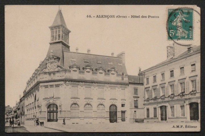 Alençon (Orne), Hôtel des postes, carte postale ancienne noir et blanc n°44, A.M.F, éditeur, (date d'utilisation : 02 août 1918), (14x9), acquisition 2021, AMA.