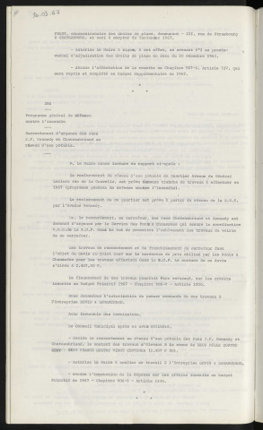 Marché Point du Jour, majoration redevance avenant, concessionnaire Mr FRERY. Eau, programme général de défense contre l'incendie, raccordement d'urgence des rues Chateaubriand et J.F. Kennedy au réseau d'eau potable, entreprise DEVIN et LEMARCHAND.