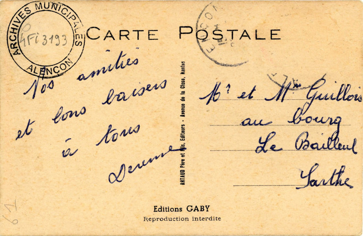 Alençon (Orne), "Hue ! Cocotte ! Dans le fiacre, vous verrez Alençon", carte postale humoristique à système couleur n°122, Artaud père et fils, éditeur, Nantes, éditions Gaby,1956, (14x9),AMA.