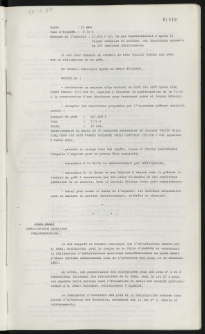 Finances, emprunt de 117 500 F auprès de la Séquanaise pour participation de la ville à la construction de la résidence Les Quatre Saisons. Lycée Alain, installations sportives complémentaires, évaluation de Mr REME, lot n°2 accordé provisoirement à Mr REDUREAU Henri.