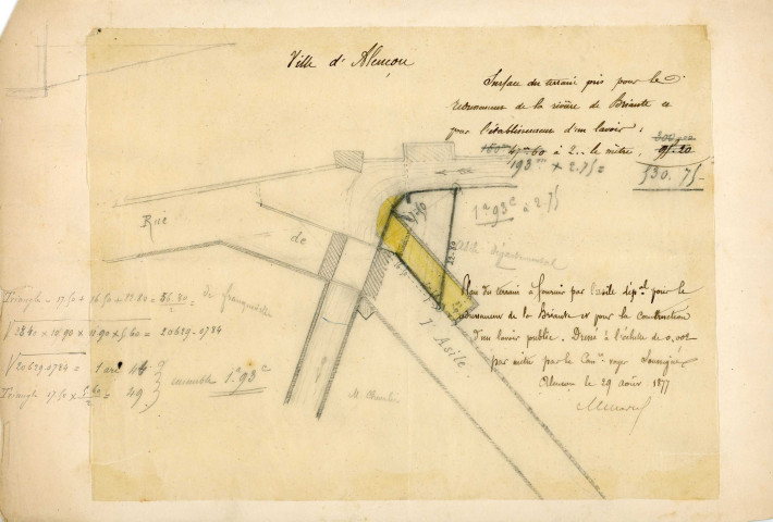 Lavoir de l'Asile, cession d'un terrain appartenant à l'asile d'aliénés départemental à la Ville d'Alençon pour son établissement (1877-1878) : acte de cession, plans, devis estimatif, notes, pétition des habitants des Rues de Candie, des Promenades, de Bretagne, Jullien et de l'Asile.
