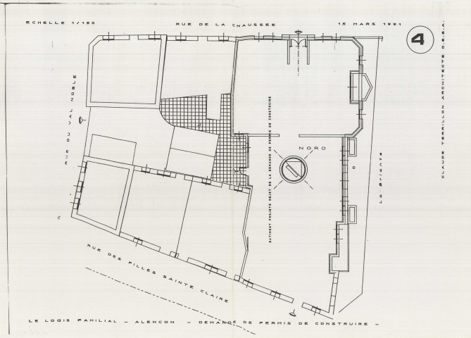 Construction de logements à l'angle de la rue du Val Noble, et de la rue des Filles Sainte-Claire (Logis Familial), (Claude Terrillon, éch : 1/150, 42x29.7, 15 mars 1991, n°4).