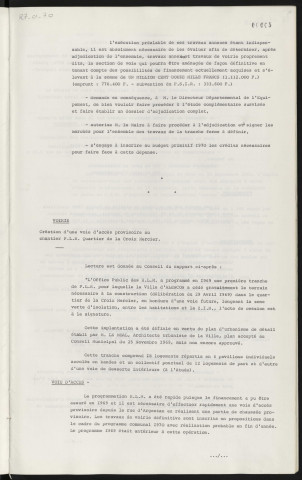 Voirie, boulevard extérieurs Nord, Nord-Ouest, dossier d'adjudication. Voirie, création d'une voie d'accès provisoire au chantier P.L.R. quartier de la Croix Mercier.