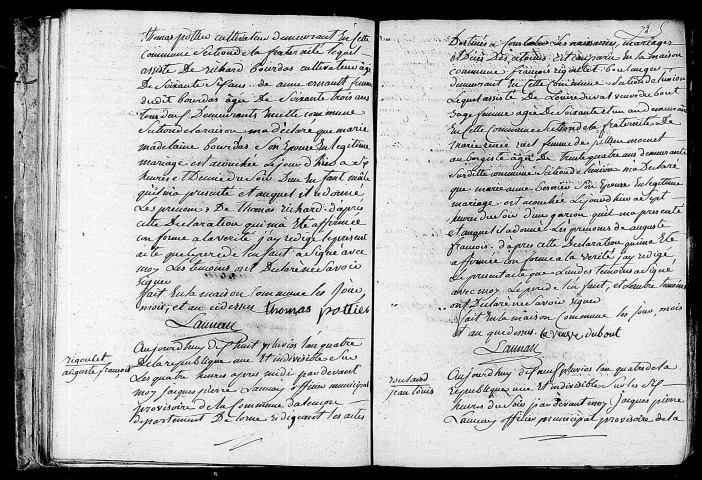 Acte de naissance de POTTIER Thomas Richard (6 février 1796),acte de naissance de RIGOULET Auguste François (7 février 1796),acte de naissance de ROULAND Jean Louis (7 février 1796).