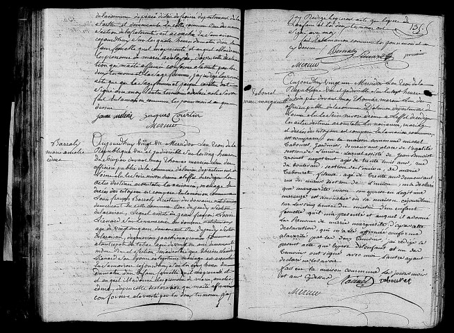 Acte de naissance de LEFRERE Marie Adélaïde enfant naturel (9 juillet 1795),acte de naissance de BARRALY Marie Amélie Edmée (9 juillet 1795),acte de naissance de TABOURET Marie Marguerite (9 juillet 1795).