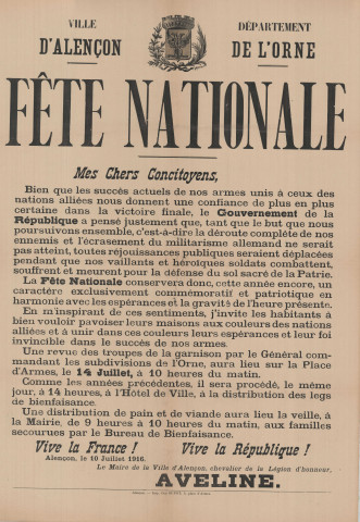 Fête nationale 10 juillet 1916 : affiche Imprimerie G. Supôt, (51 x 71).