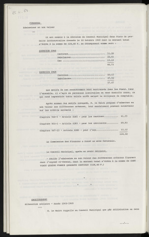 Finances, admissions en non-valeur. Enseignement, allocation scolaire, année scolaire 1968-1969.