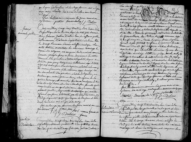 Acte de naissance de PELLETIER Louise Françoise Désirée (11 mars 1795),acte de naissance de FEAUX Amante Julie (11 mars 1795),acte de naissance de AUBRY Stanislas (11 mars 1795),acte de naissance de PELENDERS Marie Louise (12 mars 1795).