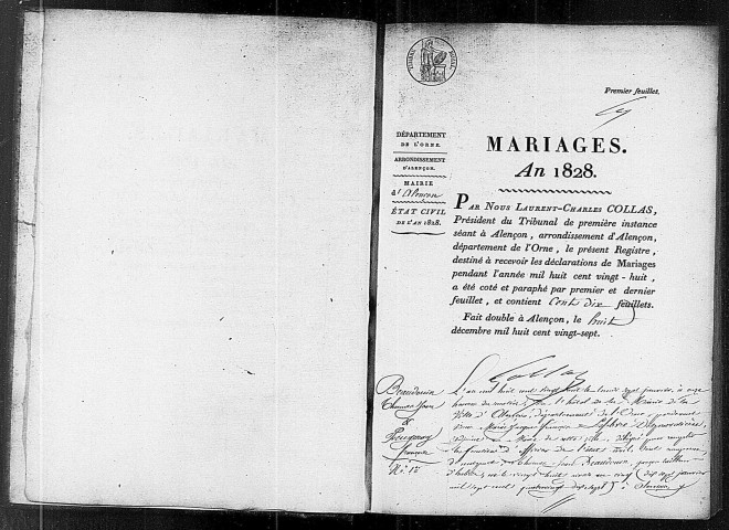 Registre des actes de mariage (1828).