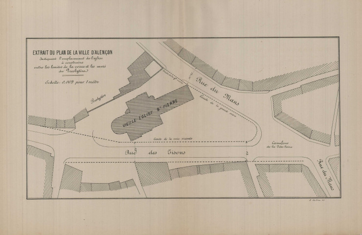 Extrait du plan de la Ville d'Alençon indiquant l'emplacement de l'église à construire, entre les limites de la voirie et les murs du presbytère (éch: 1/500, 39.5 x 31.5 cm, 15/10/1879), imprimerie Eugène de Broise.