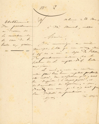Couverture de la Halle au blé en fer et verre (1863-1864), établissement d'un paratonnerre en 1863 (non réalisé) : rapport, correspondance.