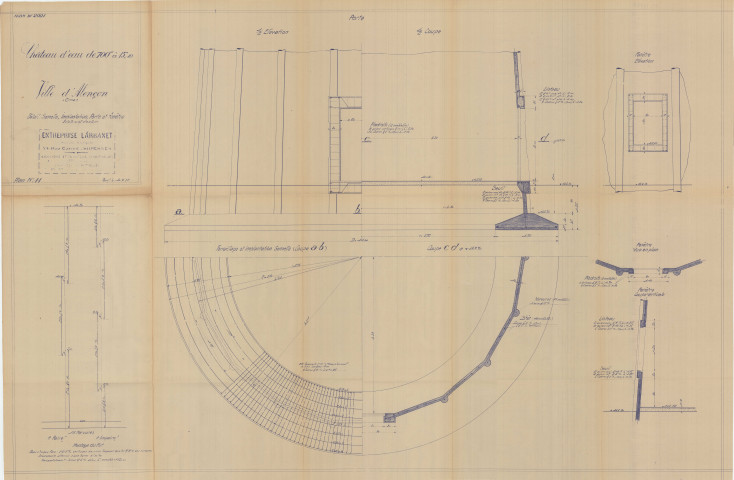Construction d'un château d'eau de 700m3, détail semelle, implantation, porte et fenêtre : coupes, vues en plan (Larbanet, éch : 1/200, plan n°11, 10 juillet 1936).