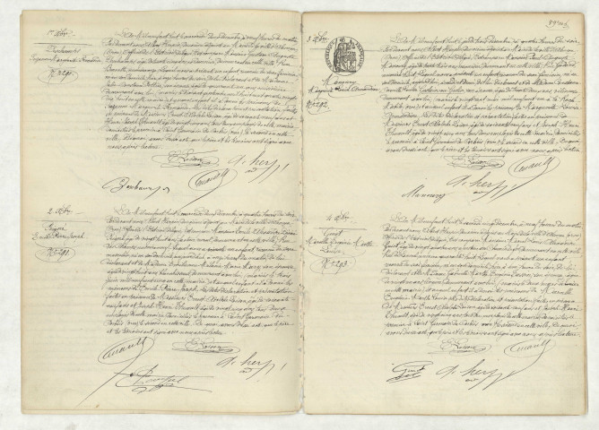 Acte de naissance de DESCHAMPS Suzanne Marguerite Fernande (1 décembre 1908),acte de naissance de PEIGNE Emile Pierre Joseph (2 décembre 1908),acte de naissance de MANOURY Marguerite Louise Armandine (3 décembre 1908),acte de naissance de GUIOT Marcelle Eugénie Marthe Louise (4 décembre 1908).