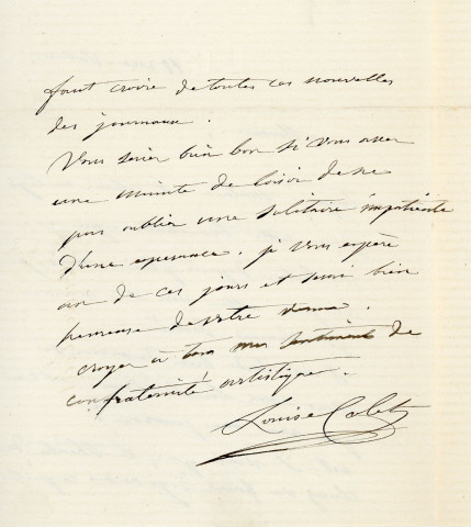 Lettre autographe signée de la femme de lettres Louise Colet sur ses œuvres dramatiques au comédien Louis Fortuné Adolphe Laferrière [1873].