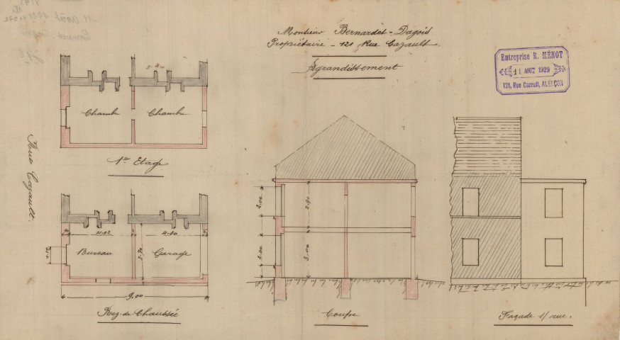 permis de construire n°38, Agrandissement d'une maison d'habitation Rue Cazault Alençon, (date de décision : 11/08/1929), (auteur du projet, architecte : BARRE architecte (intervention de M. MENOT, entrepreneur).