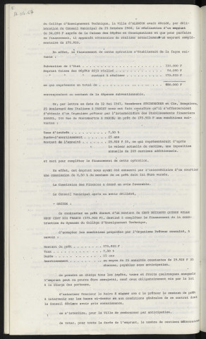 Finances, emprunt de 175,910F pour compléter le financement du Gymnase du C.E.T. Finances, emprunt de 150,000F destiné au cercle hippique Alençonnais, société ONIUM technique Parisien.