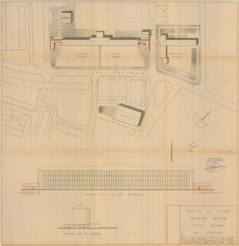 Groupe scolaire du Point du Jour, plan masse (architecte Pierre Lucas), implantation des sculptures de René Letourneur et Pierre Godard (26 août 1968) (éch.1/500, 1/250)