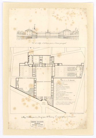 Vue du collège d'Alençon (Orne) prise à l'entrée principale, dirigé par M. Frémy, Principal officier de l'Université (1830), plan du rez-de-chaussée, lithaugraphie Houbloup Paris.