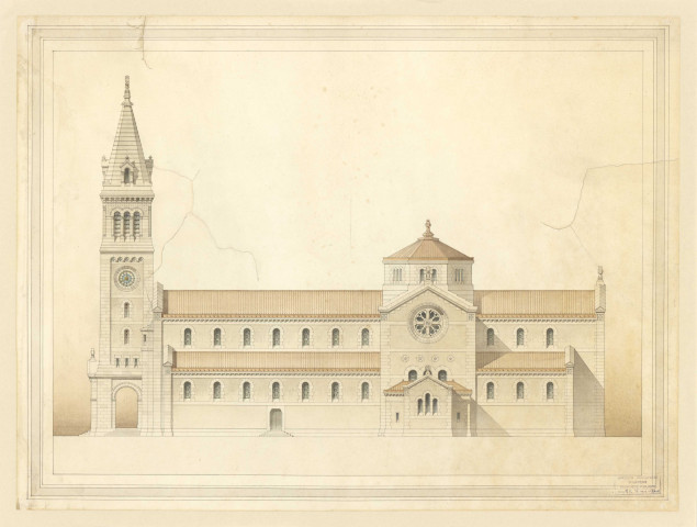 Église Saint Pierre de Montsort, façade latérale, plan, Ewald Bréasson (éch: 1/100, 77 x 58 cm, 01/12/1875).