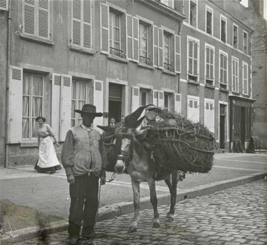 Alençon (Orne), Rue de Bretagne, transport du petit bois, personnage tenant un âne chargé [vers 1910], DR, AMA.