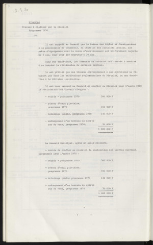 Finances, travaux à réaliser par le district, programme 1970.