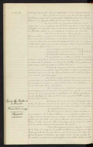 Distribution d'eau, demandes de bornes fontaines, rue de Bretagne, rapport . Rivières "La Sarthe et la Briante", demande de curage, rapport