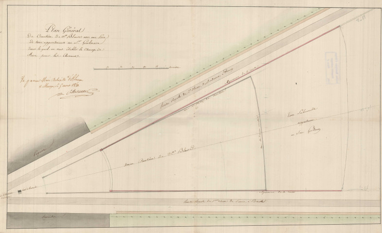 Plan général du cimetière Saint-Blaise avec une pièce de terre appartenant au sieur Guillemain dans lequel on veut établir le champ de Foire pour les chevaux (ech : 1/500) (5 août 1824).